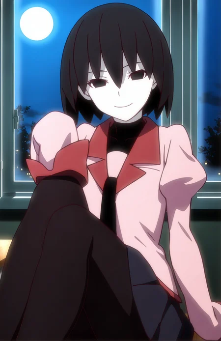 masterpiece, best quality, amazing quality, dramatic light, OshinoOugi. 1girl, pale skin, bob cut, black hair, empty eyes, school uniform, pink shirt, black necktie, turtleneck, black undershirt, puffy sleeves, long sleeves, sleeves past fingers, black skirt, pleated skirt, black pantyhose, classroom, night time, window, moon, (portrait, smile, face focus, close-up)