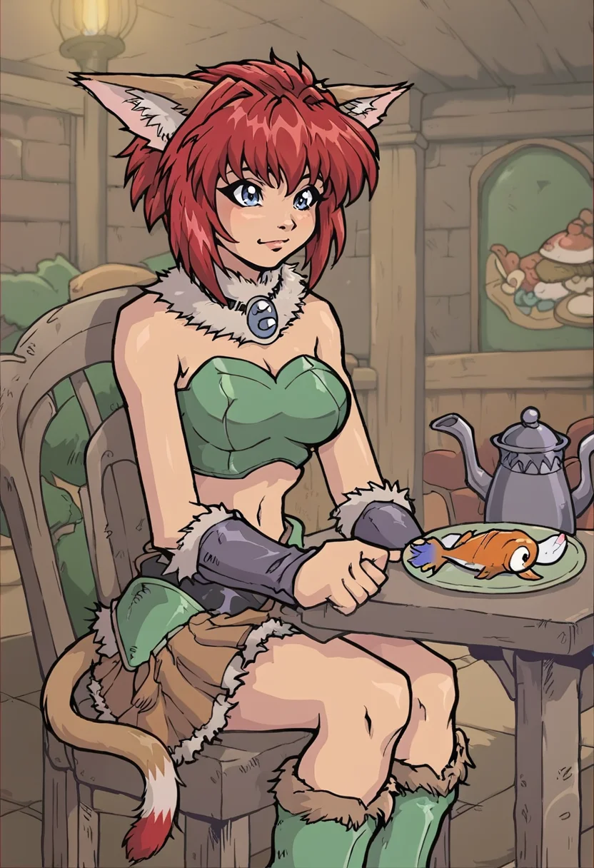 1girl, solo,   green leather armor, brown furtrim boots, crop top, furtrim chocker, short furtrim skirt, brown skirt, MarinBraveSoul, bare shoulders,  red hair, blue eyes,  cat ears, cat tail, sitting on chair,  (looking at  baked fish on plate:1.2), table , medieval restaurant,  ([exited|happy] face expression:1.2), side shot,   <lora:MarinBraveSoulPonyV4:0.8>,   <lora:AkaburV2_PDXL:0.87> , Akaburstyle, score_9, score_8_up, score_7_up,