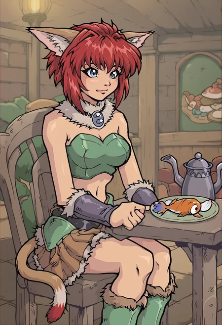 1girl, solo,   green leather armor, brown furtrim boots, crop top, furtrim chocker, short furtrim skirt, brown skirt, MarinBraveSoul, bare shoulders,  red hair, blue eyes,  cat ears, cat tail, sitting on chair,  (looking at  baked fish on plate:1.2), table , medieval restaurant,  ([exited|happy] face expression:1.2), side shot,   <lora:MarinBraveSoulPonyV4:0.8>,   <lora:AkaburV2_PDXL:0.87> , Akaburstyle, score_9, score_8_up, score_7_up,
