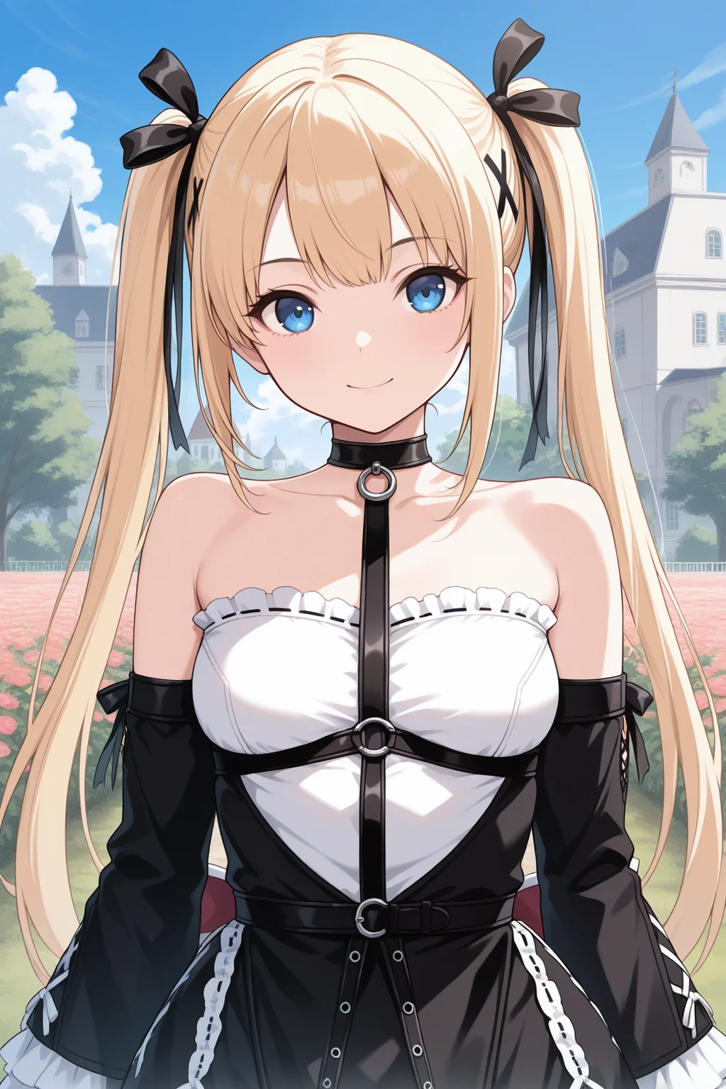 masterpiece, best quality, 1girl, solo <lora:marierose-illu-nvwls-v1-000006:1> mrirs, blonde hair, twintails, long hair, blue eyes, black ribbon, hair ribbon, x hair ornament, choker, harness, frilled dress, gothic dress, two-tone dress, detached sleeves, frilled sleeves, black gloves, fingerless gloves, upper body, looking at viewer, smile, blue sky, garden, mansion, outdoors, arms at sides
