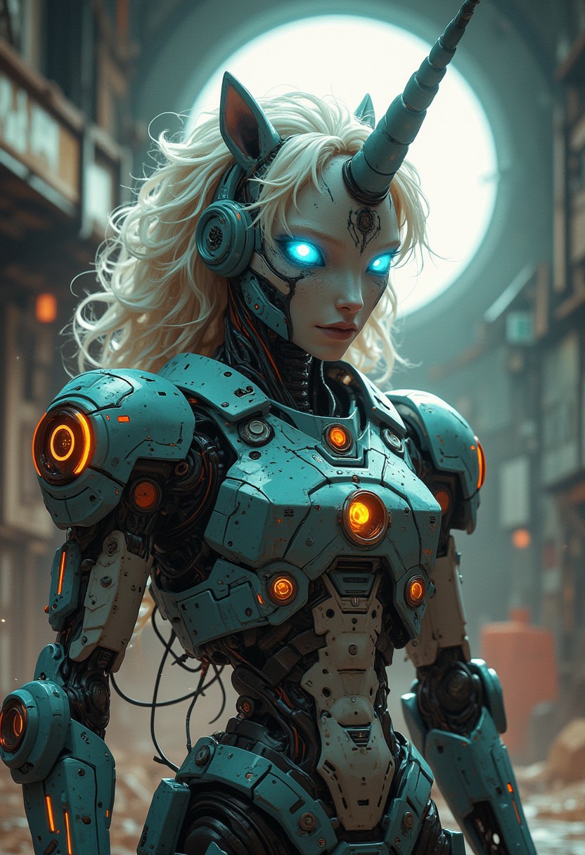 cinematic shot of full body shot far away shot of a small fluffy unicorn  piloting inside a exoskeleton mechwarrior gundam unicorn robot brutal, detail fur, detail exoskeleton, detail surface, ultra realistic, hight detail, volume light, 16K, realistic.