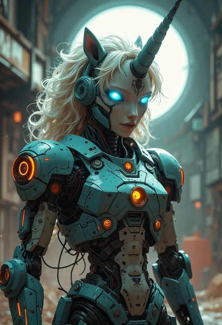cinematic shot of full body shot far away shot of a small fluffy unicorn  piloting inside a exoskeleton mechwarrior gundam unicorn robot brutal, detail fur, detail exoskeleton, detail surface, ultra realistic, hight detail, volume light, 16K, realistic.
