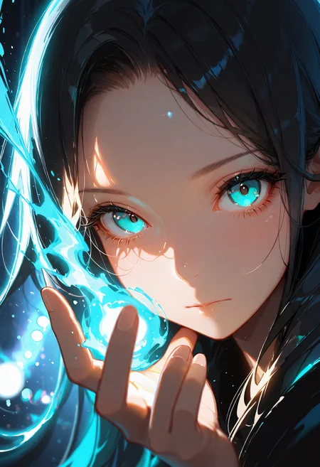 lazypos, 1girl, solo, black hair, looking at viewer, magic, long hair, closed mouth, portrait, blue eyes, glowing, hand up, aqua eyes, forehead, eyelashes, casting spell
<lora:DetailedEyes_V3:1> <lora:USNR_STYLE_ILL_V1_lokr3:0.45> usnr <lora:ponyv6_noobV1_2_adamW:0.9> <lora:GENESIS_MK0.2:0.5> <lora:KRGRL-IL:1>