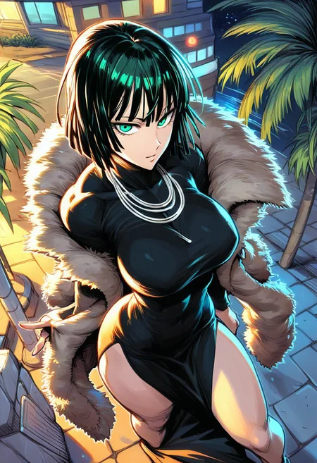 1girl, fubuki, fubuki \(one-punch man\), black hair, green eyes, short hair, large breasts,black dress, dress, fur coat, high collar, jewelry, necklace, , High angle, high quality, volumetric lighting, perfect face, shadows, very close-up, (vacation resort, oasis, palm trees, rave party, club party, colorfull lights), wide hips, (nighttime:1.7), (night:2.0), stary night, 
BREAK 
score_9, score_8_up, score_7_up, score_6_up, source_cartoon, rating_sfw