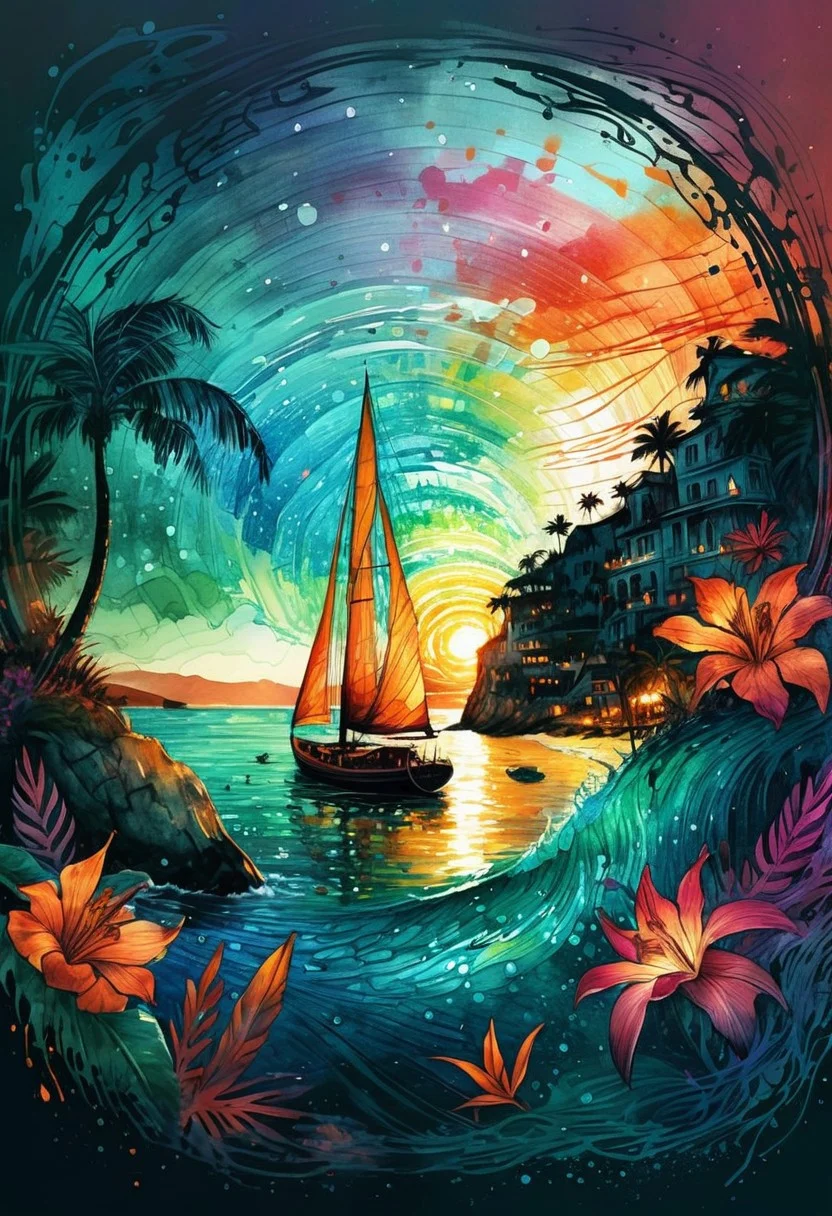 Beautiful sailboat on sparkling waters at a tropical beach, Sunset, girls swimming, Digital watercolor Illustration of a SummerScape sunset, by Waterhouse, Carne Griffiths, Minjae Lee, Ana Paula Hoppe, Stylized watercolor art, Intricate, Complex contrast, HDR, Sharp, soft Cinematic Volumetric lighting, flowery pastel colors, wide long shot, perfect masterpiecedetailed matte painting, deep color, fantastical, intricate detail, splash screen, complementary colors, fantasy concept art, 8k resolution trending on Artstation Unreal Engine 5, SoraSleepAI, Circle