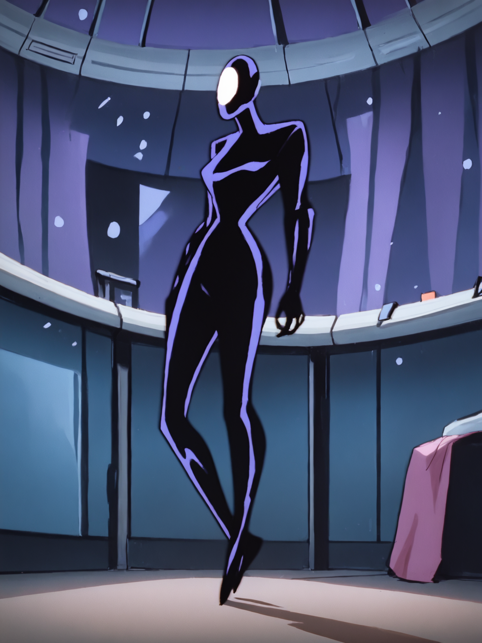 <lora:InquePony1.0:1>Inque, mask, solo, faceless, standing, 1girl, full body, bodysuit, no humans, indoors, female focus, score_9, score_8_up, score_7_up, score_6_up, score_5_up, score_4_up