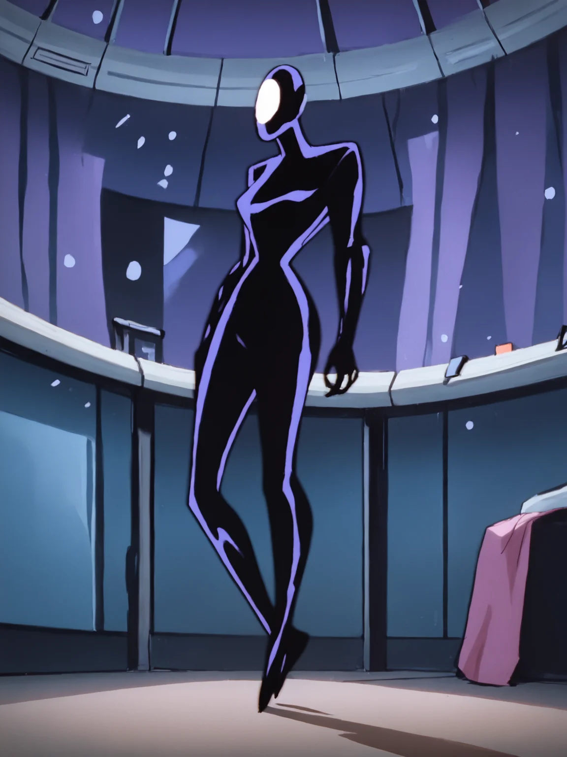<lora:InquePony1.0:1>Inque, mask, solo, faceless, standing, 1girl, full body, bodysuit, no humans, indoors, female focus, score_9, score_8_up, score_7_up, score_6_up, score_5_up, score_4_up