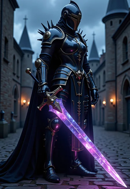 aidmaimageupgrader, ((they glow at night)), a high quality digital image of a woman knight wearing full heavy plate armour included helmet and face shield, the armour is as dark as eternity and seems to absorb light itself, the armour is stylised with sleek curves and a variety pf spikes on the shoulder pads and gauntlets, she is holding a greatsword, the greatsword is black as night and the blade is made of an intricately detailed galaxy, within the galaxy we see a variety of stars, nebulae and galactic dust detailed in bright and vivid colours, she is standing in a castle courtyard at midnight, they glow at night,