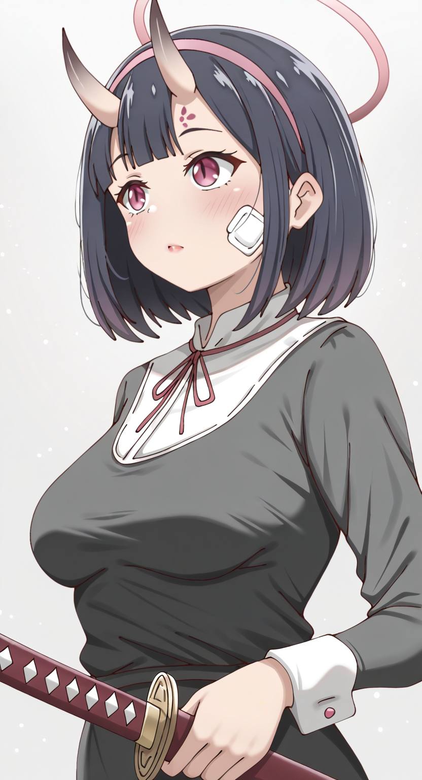 masterpiece, cute, lovely, newest, absurdres, (best quality:1.3), amazing quality, very aesthetic, 1girl, solo, high_resolution, hq, 4k, BREAK. high gradient eyes, very cute, light particles, cute details, cute colors, mature woman, (Poa_Mellhen_Style), oni, oni horns, dark blue hair, straight hair, blunt bangs, pink eyes, slit pupils, (medium breasts:1.2), sagging_breasts, BREAK,  bandaid on face, bandaid, bandaid on cheek, forehead mark, parted lips, wrist cuffs, neck ribbon, fingernails, sheath, sword, solo, holding, simple background, grey background, upper body, halo, facial mark, nail polish, closed mouth, black nails, holding weapon, light frown, light rays, pink hairband, red lips, scabbard, weapon, intricate details, vivid colors, smooth shading, dynamic lighting, professional illustration, soft gradients, balanced composition, elegant pose, high-resolution, sharp focus, 8k, hdr, crisp lines, perfect lighting, sharp eyes, detailed eyes, highly detailed