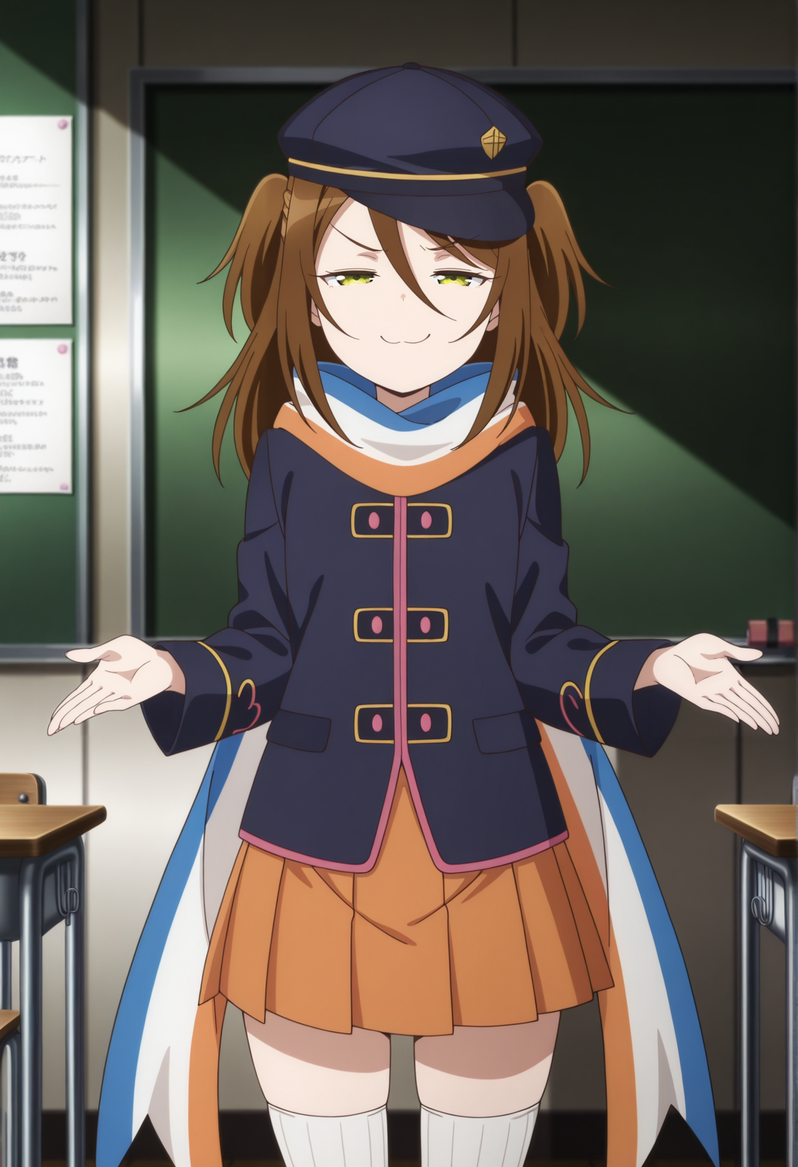 anime screenshot, anime screencap, anime coloring, 1girl, brown hair, green eyes, long hair, two side up, cap, multicolored scarf, blue coat, orange skirt, pleated skirt, thighhighs, smug, shrugging, classroom, looking at viewer, half-closed eyes <lora:mari_35th:1> upp, masterpiece, best quality, amazing quality, very aesthetic, absurdres, highres, newest