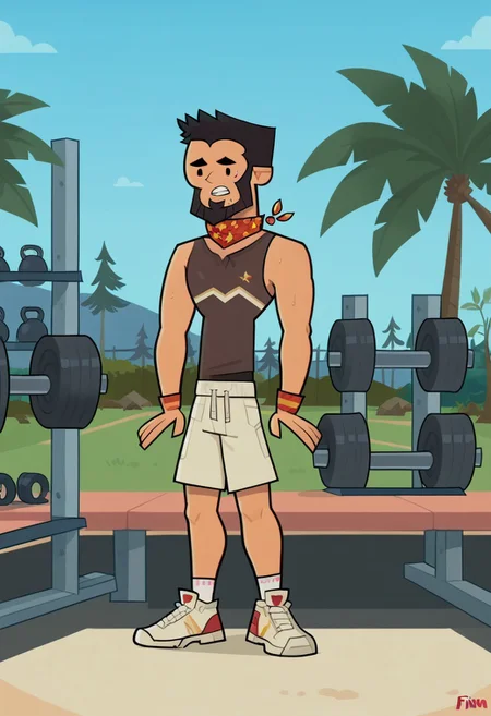 score_9, score_8_up, score_7_up, score_6_up, , flat color, FINN AGUDELO, 1boy, solo, nice skin, black hair, Black eyes, Black beard, sleeveless shirt, shorts, sweatband, sneakers, tight clothing, outdoor, gym.