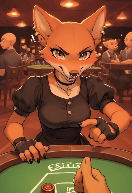 score_9, score_8_up, score_7_up, score_6_up, score_5_up, source_furry, furry, fur, flurry, solo, portrait,
BREAK 1girl, ((solo:1.8,)) sitting in casino table playing games, white exclamation mark, Foxy_Liars_Bar, ((bald:2, no hair:1.4,)) orange fur, two tone fur, brown eyes, nose piercing, ears piercing, fingerless gloves, black stockings, black dress, paws, tr1ck0rtr3at, black fingernails, punky, casino games, spotlight, ((holding black upside down cup,)) open mouth, shouting, gambling, 1 finger pointing at pov, medium breasts, (black clothes:1.2), aggressive lewd expression, soft blush,
BREAK casino, casino table, poker night, offscreen male holding playing cards, anthro background characters, casino chips, smile, closed mouth, ((fantastic lights and shadows:1.2, post processing))