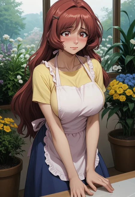 source_anime, ((score_9)),score_8_up,score_7_up,score_6_up,score_5_up,score_4_up, takama_kozue, t4k4m4k0zu3, 1woman, huge breasts, brown_eyes, long hair, red hair, hair intakes, bang, sidelocks, Blush, Full-Faced Blush, Embarrassed, red face, steam, yellow_shirt, blue skirt, highheels, hairclip, ((white apron)), florist, flowers,, masterpiece, best quality