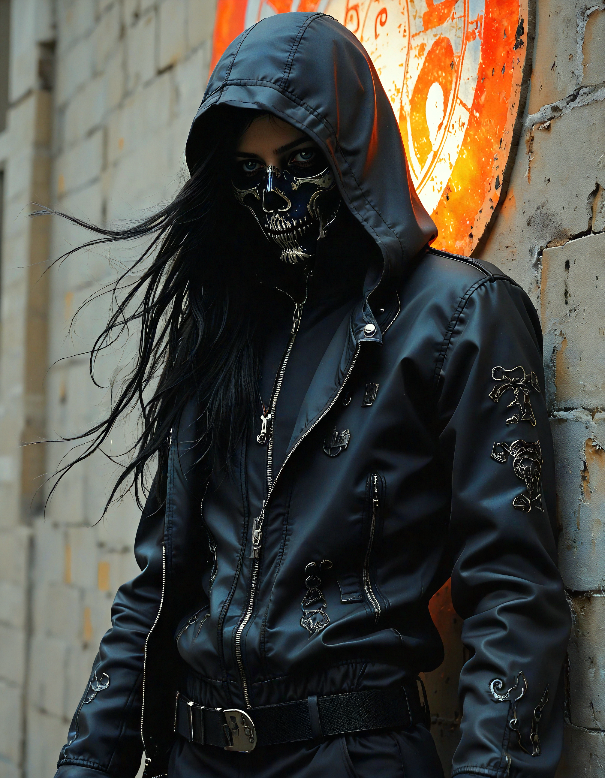 a Shadow Assassin Erebus, enigmatic, in shadows, dark hooded eyes, black tactical clothing, stealthy, ancient runes , tension in air, hidden menace, the scene is captured in dimly lit dark fantasy but vibrant colors, with bold ink lines defining form against the watercolor wash of the aged paper, ral-armdszn,woman, casting shadow style,elegant woman ,light from inner, oraqnge smoke snake  patterne illumination,cyberpunk,,black bone like  suit ,assassin, shoulder-level shot,style by Luis Royo,bloom light, high angle shot,style by Luis Royo,dramatic lighting