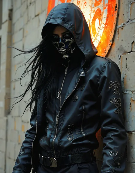 a Shadow Assassin Erebus, enigmatic, in shadows, dark hooded eyes, black tactical clothing, stealthy, ancient runes , tension in air, hidden menace, the scene is captured in dimly lit dark fantasy but vibrant colors, with bold ink lines defining form against the watercolor wash of the aged paper, ral-armdszn,woman, casting shadow style,elegant woman ,light from inner, oraqnge smoke snake  patterne illumination,cyberpunk,,black bone like  suit ,assassin, shoulder-level shot,style by Luis Royo,bloom light, high angle shot,style by Luis Royo,dramatic lighting