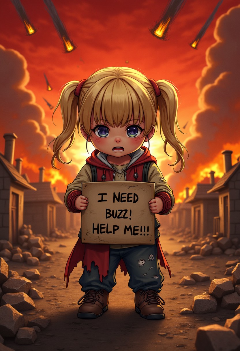 intricate details, finely detailed, <lora:Add Detail:0.4>, (masterpiece), best quality, high resolution, highly detailed, detailed background, ((small blonde child with twintails holding a sign that says "I NEED BUZZ ! HELP ME !!")), (desperate look), ((in tears)), rags, torn clothes, apocalypse, red sky with meteors, village ravaged by flames, explosions, focus on child