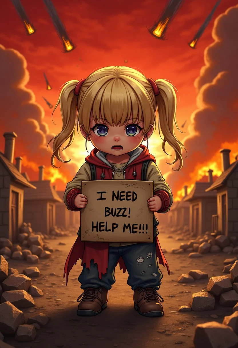 intricate details, finely detailed, <lora:Add Detail:0.4>, (masterpiece), best quality, high resolution, highly detailed, detailed background, ((small blonde child with twintails holding a sign that says "I NEED BUZZ ! HELP ME !!")), (desperate look), ((in tears)), rags, torn clothes, apocalypse, red sky with meteors, village ravaged by flames, explosions, focus on child