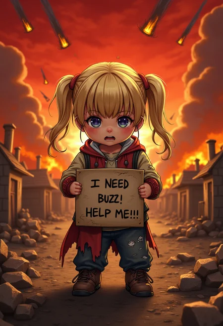intricate details, finely detailed, <lora:Add Detail:0.4>, (masterpiece), best quality, high resolution, highly detailed, detailed background, ((small blonde child with twintails holding a sign that says "I NEED BUZZ ! HELP ME !!")), (desperate look), ((in tears)), rags, torn clothes, apocalypse, red sky with meteors, village ravaged by flames, explosions, focus on child