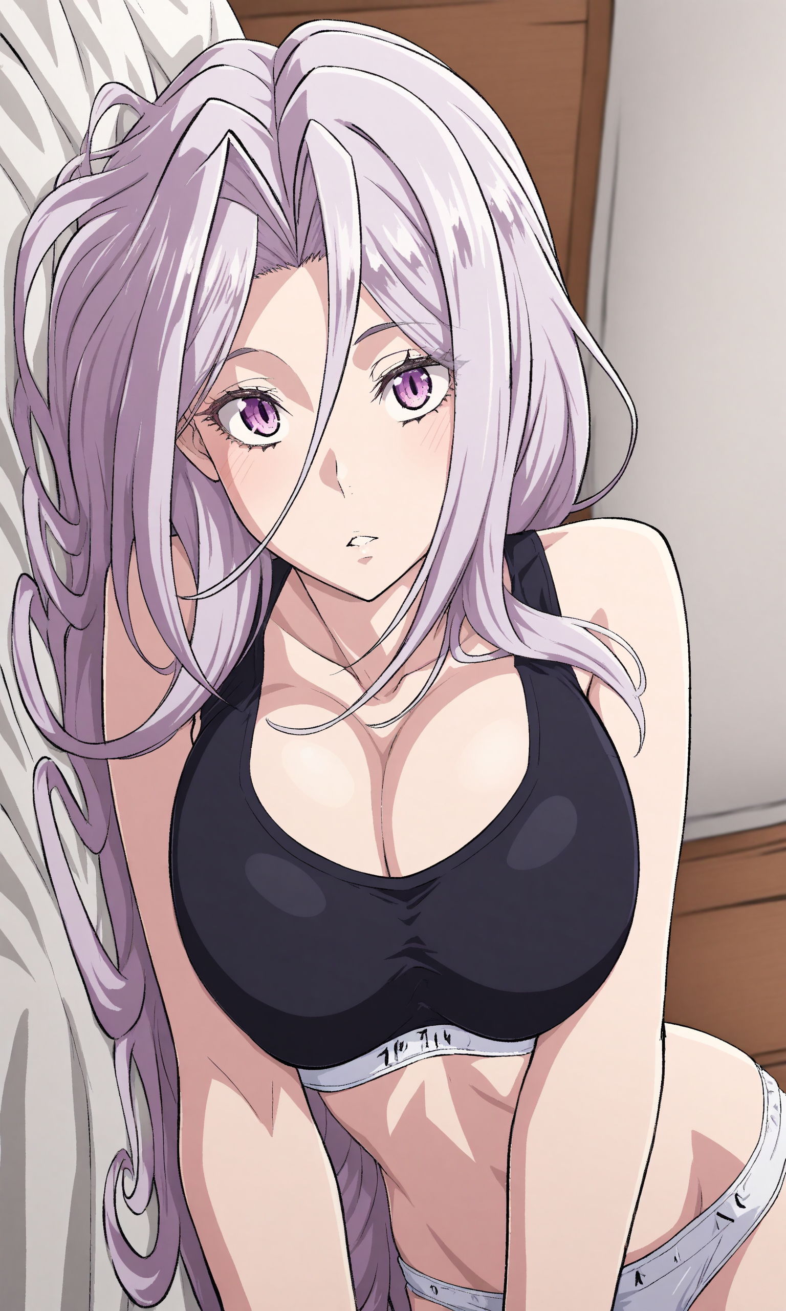 masterpiece, best quality, high resolution, absurdres, 1girl, tokime_(fuuto_tantei), purple_eyes, eyelashes, white_hair, very_long_hair, hair_between_eyes, hair_intakes, large_breasts, black_sports_bra, white_panties, indoors, bedroom, lying, on_bed, from_above, parted_lips