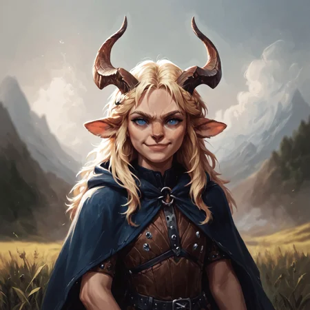 safe_pos, (((beautiful, high quality))), upper Body, score_9, score_8_up, score_7_up, blonde hair, long hair, small breasts, woman, looking at the viewer, dynamic pose, blurred background, in the style of jeff-easley, oil painting, realistic, short sleeves, smirk, black armor, (studded leather armor:1.1), cloak, hood, youthful face, satyr, faun, horns, animal ears, big horns,