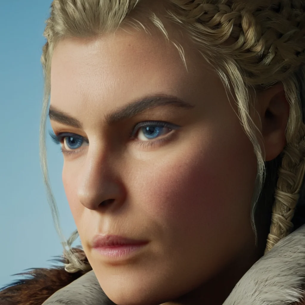 cinematic film still of  <lora:add-detail-xl:1>
<lora:Unreal Engine style:1> In Unreal Engine style, sharp detailed photo of
 <lora:Assassins Creed style:1>
Eivor Varinsdottir a woman with a braided hair and a fur coat,solo,looking at viewer,blue eyes,blonde hair,simple background,1boy,jewelry,closed mouth,male focus,earrings,lips,fur trim,scar,portrait,realistic Assassinâs Creed style, Assassins Creed style, Open world, Action-adventure, Stealth, dramatic light, cinematic film look, ancient, historical, shallow depth of field, vignette, highly detailed, high budget, bokeh, cinemascope, moody, epic, gorgeous, film grain, grainy