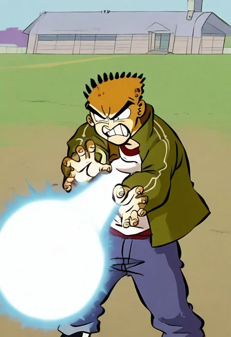 Masterpiece, best quality, 8k, newest, absurdres, highly detailed, 1boy, solo, edboi, mnbrow, green jacket, striped red and white shirt, unibrow,
Kamehameha-Trow,SHARP laser beam,energy beam out of hands moving forward,outstrecthed arms, claw gesture
,
BREAK
,angry expression, houses in background, day,