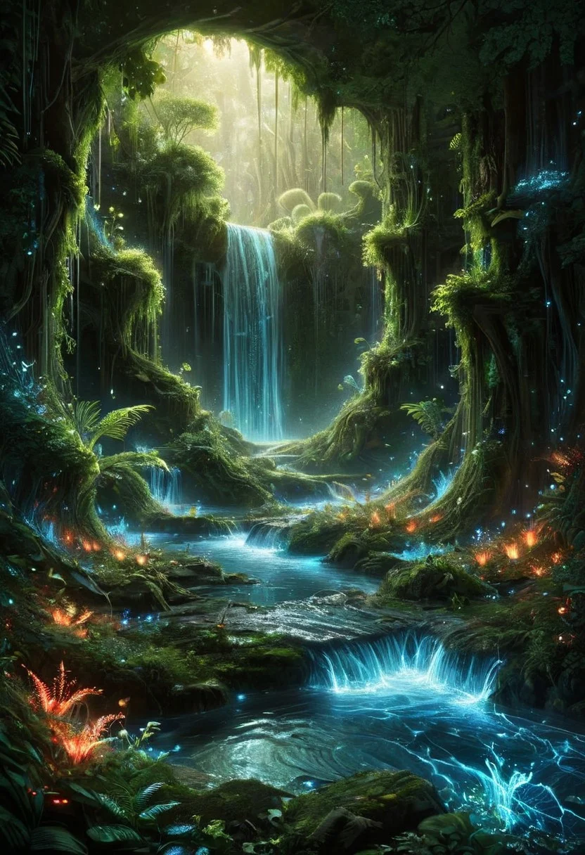 Amidst a mystical realm where ethereal flames dance, a celestial villain stands, their god-like aura emanating from glowing, intricate armor. This fiery dominion, inspired by the art of H.R. Giger, Alex Grey, and John Harris, is alive with swirling embers and cosmic energy.
In stark contrast, a tranquil summer scene unfolds where a majestic waterfall tumbles into a crystalline pool, embraced by lush flora. The sky above is a canvas of azure punctuated by playful clouds, with sunlight shimmering upon the water’s surface, crafting a serene tableau that whispers of nature’s untouched splendor.
art by Christopher Balaskas,
aliens, alien-worlds, digital, eeriness, futuristic, landscapes, outer-space, science-fiction, vibrant,
concept-art, fantasy, epic, majestic, magical, dreamy, perspective, light and shadow, moody, epic,
beautiful, painterly, aesthetic, textural, vivid, vibrant, intricate details, highly detailed, ultra-detailed, absurdres,
ais-blmn, gl0w, glow
alienworld