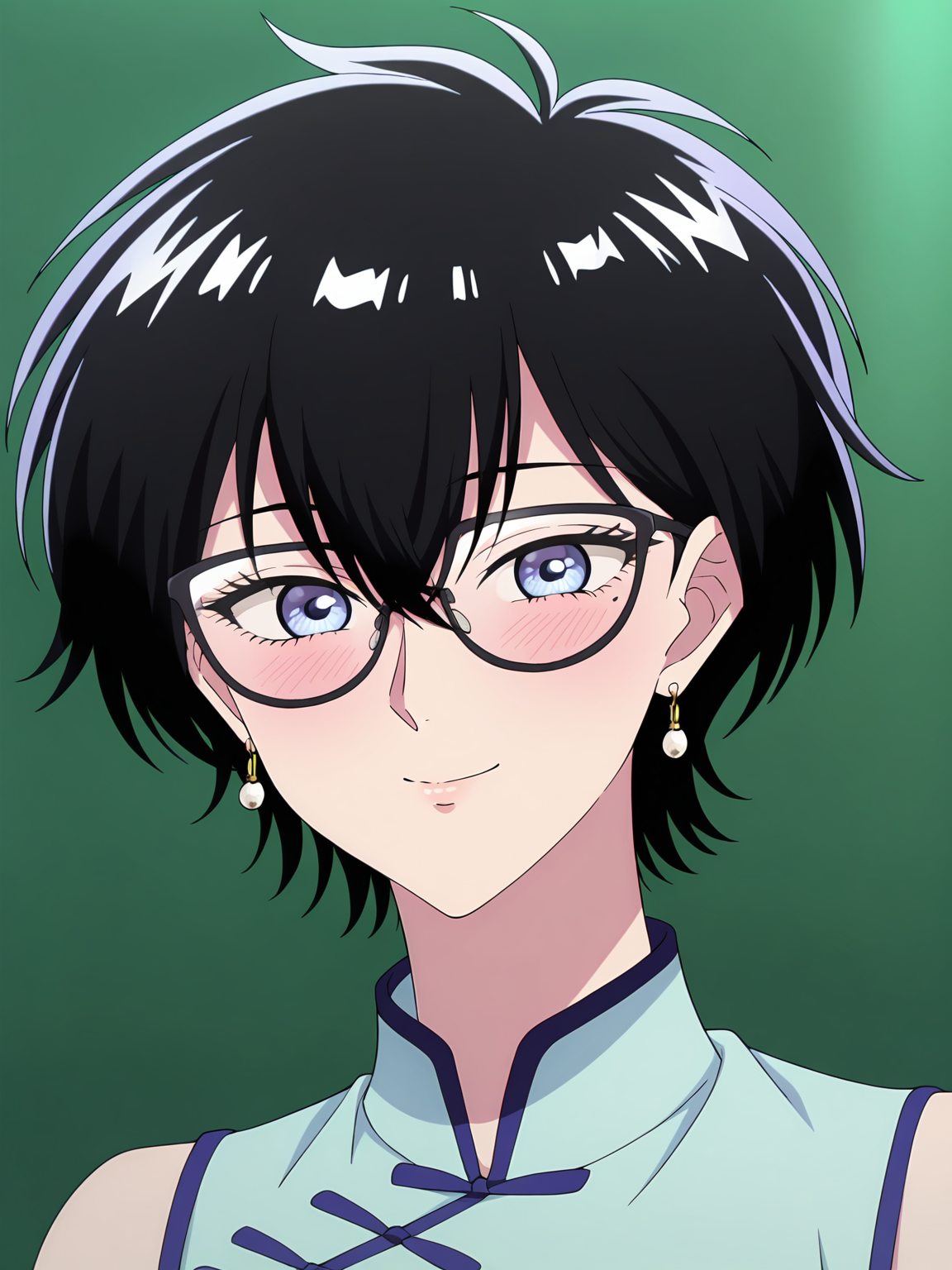 <lora:Reiko:0.8>, reiko, 1girl, solo, black short hair, blue eyes, earrings, mole under eye, round glasses, light blue chinese dress, sleeveless, content, beaming, blushing, smile, closed mouth, standing, portrait, looking at viewer, green wall, indoors