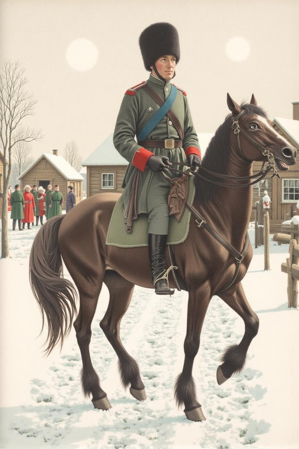 jeanleonhuens1 illustration.
A Cossack soldier on horseback is dressed in a military uniform with red cuffs and a blue sash. The horse is dark brown, and the soldier's uniform includes a fur hat and a belt with pouches. Several wooden buildings are visible, with people dressed in red and green coats gathered nearby. <lora:jeanleonhuens1_ap_d6a3e12:1.0><lora:844822356624033467:0>