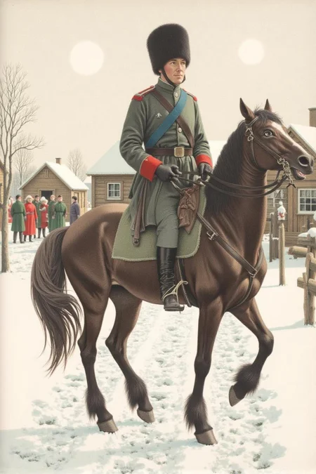 jeanleonhuens1 illustration.
A Cossack soldier on horseback is dressed in a military uniform with red cuffs and a blue sash. The horse is dark brown, and the soldier's uniform includes a fur hat and a belt with pouches. Several wooden buildings are visible, with people dressed in red and green coats gathered nearby. <lora:jeanleonhuens1_ap_d6a3e12:1.0><lora:844822356624033467:0>