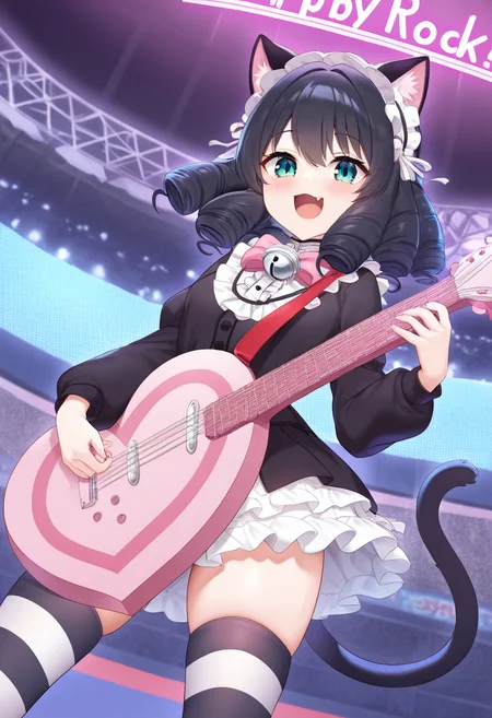 1girl,solo,cyan_(show_by_rock!!),<lora:cyanil:0.9>,green eyes,blue eyes,curly hair,black hair,fang,cat ears,cat tail,headdress,dress,long_sleeves,jingle bell,gothic,pink bow,white frills,striped thighhighs,stadium,neon lights,open mouth,smile,happy,holding guitar,holding instrument,playing instrument,legs_apart,looking_at_viewer,cowboy_shot,dynamic_angle,masterpiece,best quality,good quality,newest,incredibly absurdres,