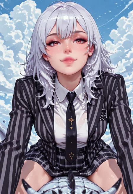 artist:moriimee, in the style of cksc, in the style of cknc, masterpiece, best quality, highres, absurdres, anime, closeup, 8K, depth of field, focused subject, magnificent, 1girl, happy waifu, perfect eyes, sg lingerie, striped jacket, necktie, plaid skirt, riding white dragon, flying through clouds, birds-eye view of countryside below