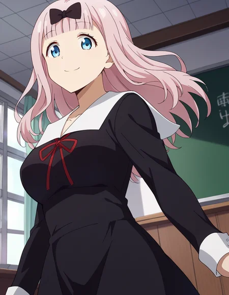 score_9, score_8_up, score_7_up, source_anime,
chikafujiwara, <lora:chika-fujiwara-s3-ponyxl-lora-nochekaiser:1>,
chika fujiwara, long hair, bangs, blue eyes, bow, pink hair, hair bow, blunt bangs, black bow, smile, mature female,
long sleeves, dress, ribbon, school uniform, collarbone, black dress, sailor collar, white sailor collar, red ribbon, neck ribbon, shuuchiin academy school uniform,
indoors, classroom,
looking at viewer, cowboy shot, dutch angle,
