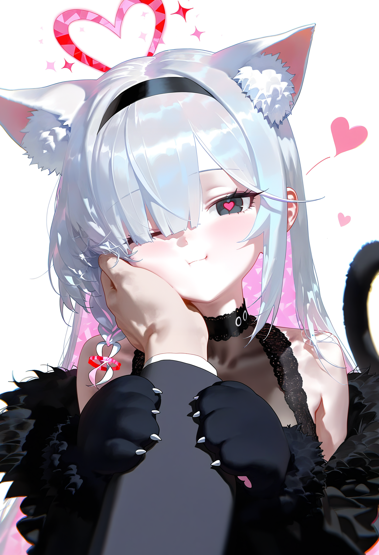 nyalia, 
1girl, animal hands, plana \(blue archive\), black dress, sleeveless dress, heart, halo, pov hands, black eyes, paw gloves, pov, gloves, black hairband, long hair, cheek squash, hand on another's face, red halo, (heart-shaped halo:1.1), cat paws, hand on another's cheek, black choker, fur trim, hairband, symbol-shaped pupils, one eye closed, colored inner hair, braid, hair over one eye, multicolored hair, choker, looking at viewer, single braid, solo focus, pink hair, white background, white hair, simple background, heart-shaped pupils, blush, red pupils, 1boy, upper body, closed mouth, bare shoulders, pink pupils, pink halo, tail, cheek press, cat tail, off shoulder, black gloves, 1other, two-tone hair, alternate costume, smile, animal ear fluff, sensei \(blue archive\), black coat, grey hair, long sleeves,
<lora:best_of_ai_styles_noob-vpred-1.0_v1.337-edm2-pass-long-000002:1>