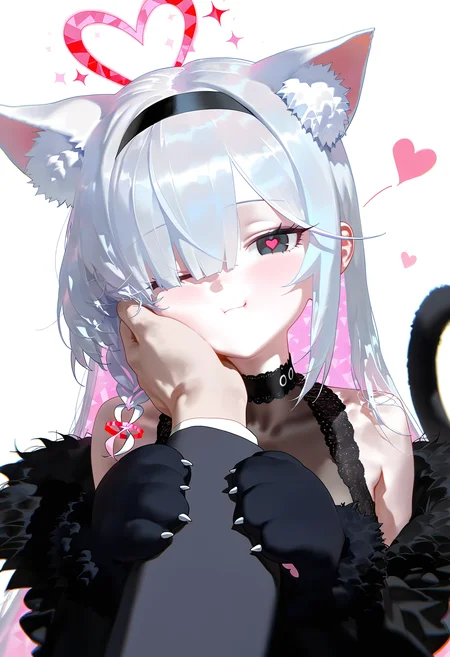 nyalia,
1girl, animal hands, plana \(blue archive\), black dress, sleeveless dress, heart, halo, pov hands, black eyes, paw gloves, pov, gloves, black hairband, long hair, cheek squash, hand on another's face, red halo, (heart-shaped halo:1.1), cat paws, hand on another's cheek, black choker, fur trim, hairband, symbol-shaped pupils, one eye closed, colored inner hair, braid, hair over one eye, multicolored hair, choker, looking at viewer, single braid, solo focus, pink hair, white background, white hair, simple background, heart-shaped pupils, blush, red pupils, 1boy, upper body, closed mouth, bare shoulders, pink pupils, pink halo, tail, cheek press, cat tail, off shoulder, black gloves, 1other, two-tone hair, alternate costume, smile, animal ear fluff, sensei \(blue archive\), black coat, grey hair, long sleeves,
<lora:best_of_ai_styles_noob-vpred-1.0_v1.337-edm2-pass-long-000002:1>