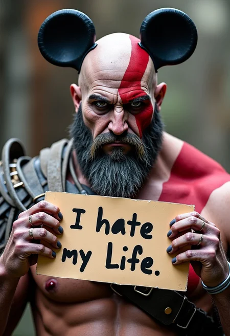 Grumpy Kratos from God of War Ragnarök with black Mickey Mouse ears Cosplay holding a Sign with the Text "I hate my Life", his face is visible, light gray beard
