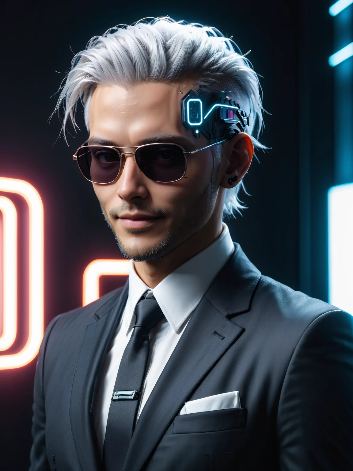 man wearing a suit and sunglasses, mad-hdwr, cyberpunk, futuristic office, neon light, white hair, light smile <lora:Neon_Cyberpunk_Headware_SDXL:0.8>, raw photo, film grain, Fujifilm XT3, (photorealistic, realistic:1.2), deep shadow, 8k, uhd, dslr, ultra high res