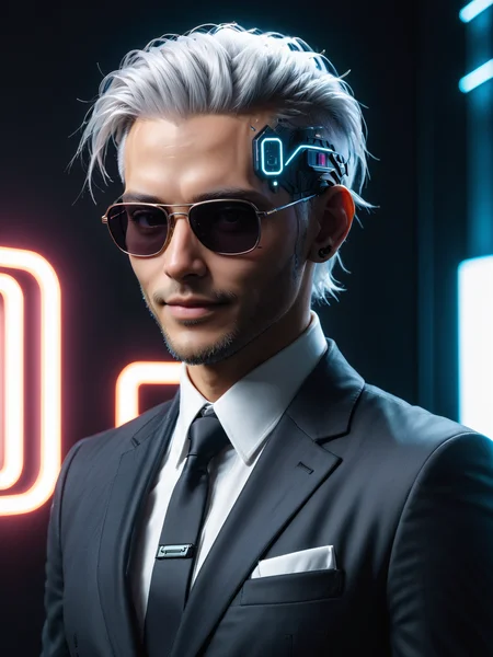 man wearing a suit and sunglasses, mad-hdwr, cyberpunk, futuristic office, neon light, white hair, light smile <lora:Neon_Cyberpunk_Headware_SDXL:0.8>, raw photo, film grain, Fujifilm XT3, (photorealistic, realistic:1.2), deep shadow, 8k, uhd, dslr, ultra high res