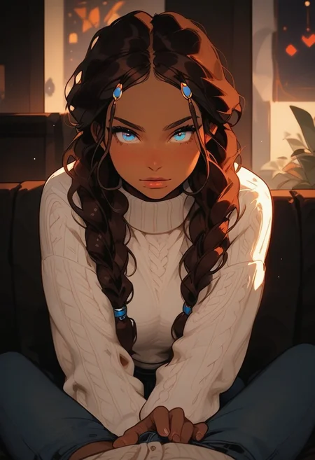 score_9, score_8_up, score_8_up,
1girl, ((Katara, dark skin, dark hair, blue eyes, braids, small perky breasts, perfect eyes, pretty eyes, white winter sweater, sweater, jeans, no boots, no cap)),
Sitting on couch in cozy living room,
1man sitting on couch next to her, pov, grabbing his crotch with one hand, massaging crotch,
cold winter night, warm frontal light, warm light, full body visible, wide shot, Expressiveh