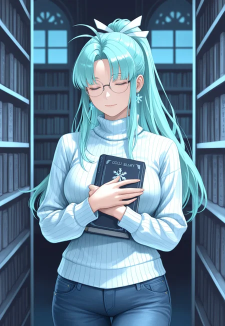masterpiece, best quality, realistic, 1girl, cowboy shot, light smile, looking at viewer, 
m1a, aqua hair, parted bang, high ponytail, long hair, antenna hair, sidelocks, closed eyes,
circular glasses, ribbed turtleneck, jeans, holding book with both hands, library, snowflake earrings, cold color palette, blue light,