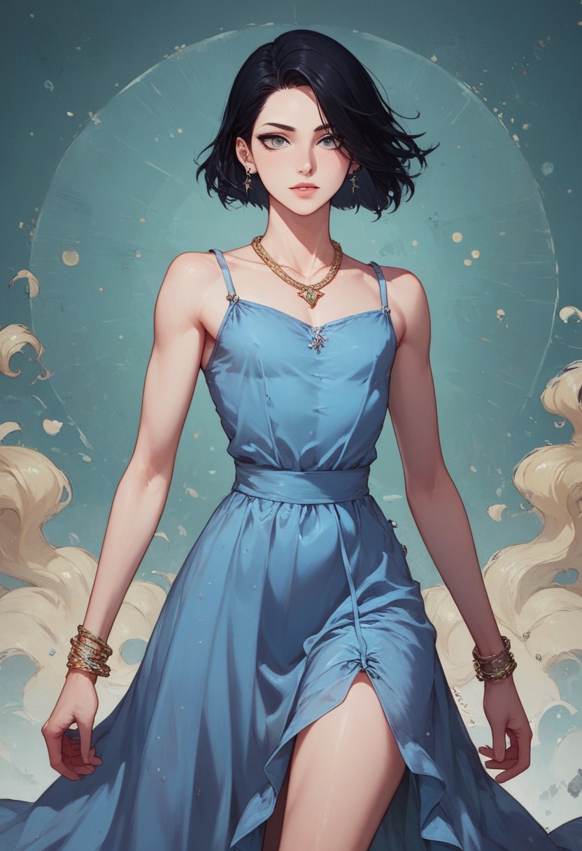 score_9, score_8_up, score_7_up, 1boy, femboy, otoko no ko, short hair, bob cut hair, black hair, grey eyes, gray eyes, feminine face, toned body, Shelly, camisole dress, loose dress, silk dress, blue dress, earrings, necklace, bracelet, elegant, flowing, highly detailed, intricate, zzCitronCAT, flirty expression, walking pose, cowboy shot, looking at viewer, modelshoot, abstract background, solo