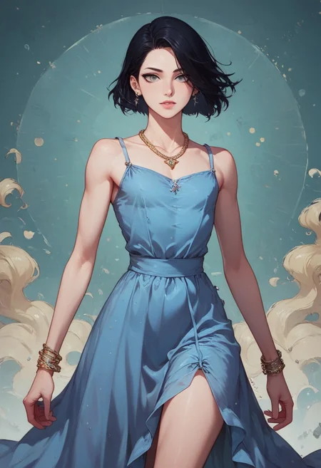 score_9, score_8_up, score_7_up, 1boy, femboy, otoko no ko, short hair, bob cut hair, black hair, grey eyes, gray eyes, feminine face, toned body, Shelly, camisole dress, loose dress, silk dress, blue dress, earrings, necklace, bracelet, elegant, flowing, highly detailed, intricate, zzCitronCAT, flirty expression, walking pose, cowboy shot, looking at viewer, modelshoot, abstract background, solo