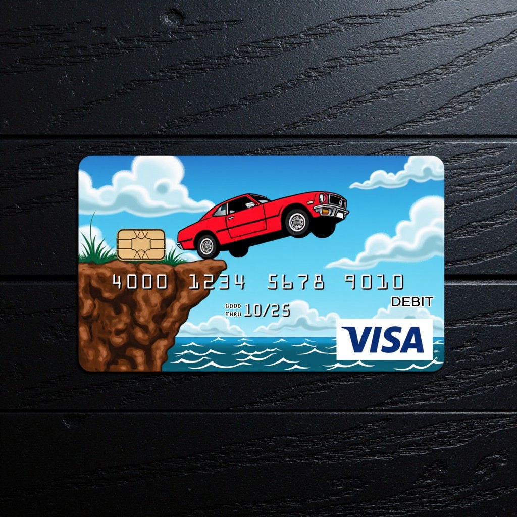 The image is a digital illustration on a Visa credit card, visa custom design card of anime car toyota jumping from the cliff. Card laying on the black wood table. 45 view angle for above, aidmatextimprover