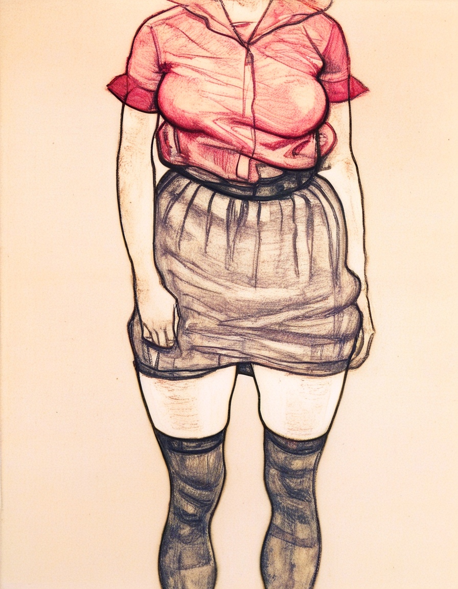 high quality, newest,traditional media, painting (medium), Gaouch \(medium\), 
1girl, solo, breasts, skirt, simple background, thighhighs, standing, monochrome, short sleeves, zettai ryouiki, traditional media, lower body,  skirt tug