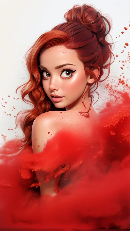 <lora:Coral_Miller:1> red hair, ponytail, wavy hair, brown eyes, color powder splashes on background, high quality photography, <lora:powder_v1.0:1>