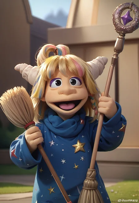 1girl, score_9, score_8_up, score_7_up BREAK Eureekaa, 1girl, blonde hair, multicolor hair streaks, ponytail, horns, black eyes, purple eyeshadow, long blue starry robe, standing, holding broom and sweeping the ground, outside of castle, looking up and smiling at viewer, full body, happy eyes, happy smile,