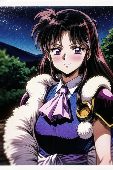 best quality 1girl Setsun4 solo long hair, (night time) forest background black hair very long hair purple eyes multicolored hair armor, small, (fur trim) (medium body),<lora:EMS-179-EMS:0.800000>,<lora:EMS-293862-EMS:0.800000> bow, hair_bow, hair_tubes, red_bow, brown_hair, long_hair, bangs, ascot, frilled_bow, yellow_ascot, blush, smile, hair_between_eyes, athletic, armor, miko, Smiling, happy,
