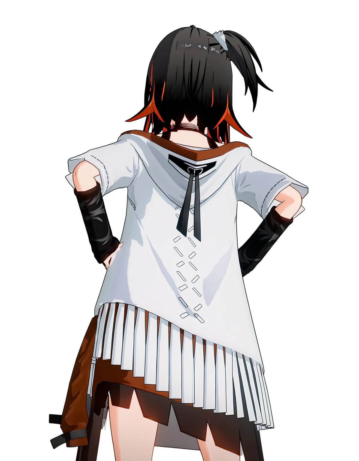<lora:naina_noob>,3dnaina,naina,1girl,solo,white background,black hair,one side up,simple background,multicolored hair,blonde hair,jacket,hand on hip,skirt,from behind,colored inner hair,short sleeves,
masterpiece,best quality,very aesthetic,absurdres,
