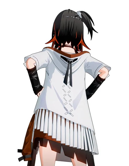 <lora:naina_noob>,3dnaina,naina,1girl,solo,white background,black hair,one side up,simple background,multicolored hair,blonde hair,jacket,hand on hip,skirt,from behind,colored inner hair,short sleeves,
masterpiece,best quality,very aesthetic,absurdres,