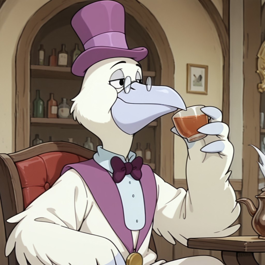 masterpiece, best quality, amazing quality, MayorPelicanbbil, semi-anthro, male, Pelican, bird, white feathers, black eyes, winged arms, purple top hat, gold medal, white dickie, purple bow tie, round glasses, sitting, inside, drinking tea